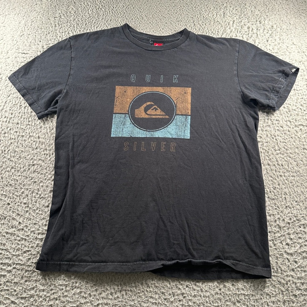 Vtg‎ Y2K Quiksilver Tee Mens M Black Short Sleeve Graphic Surf Logo Worn Fade